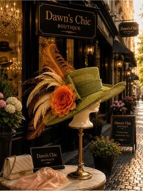 Stunning Olive Green Wide-Brim Hat with Orange Floral & Feather Accent